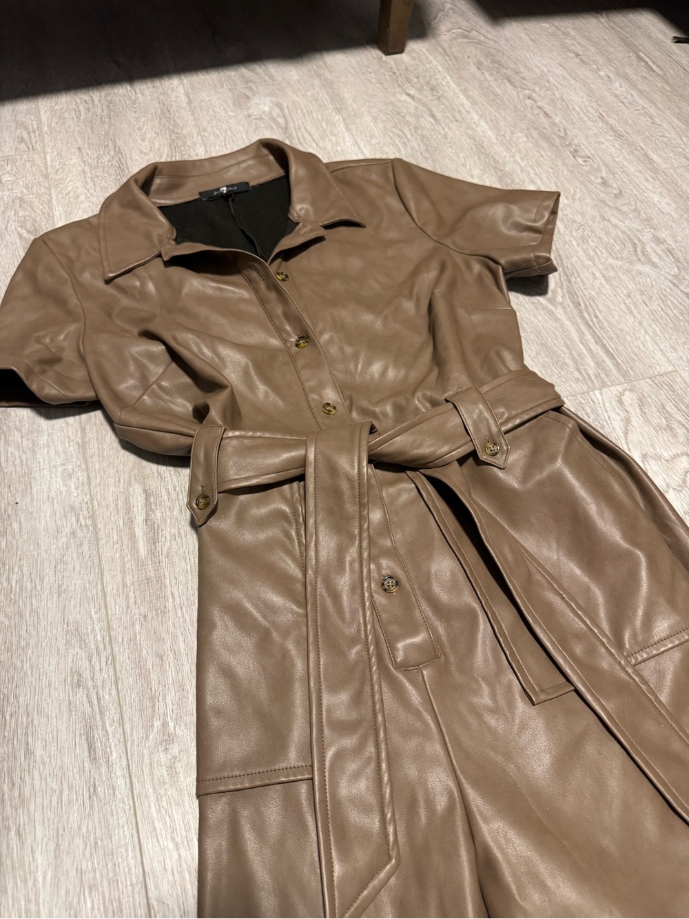 7 For All Mankind Taupe Faux-Leather Short-Sleeve Jumpsuit with Waist Tie - Picture 3 of 5